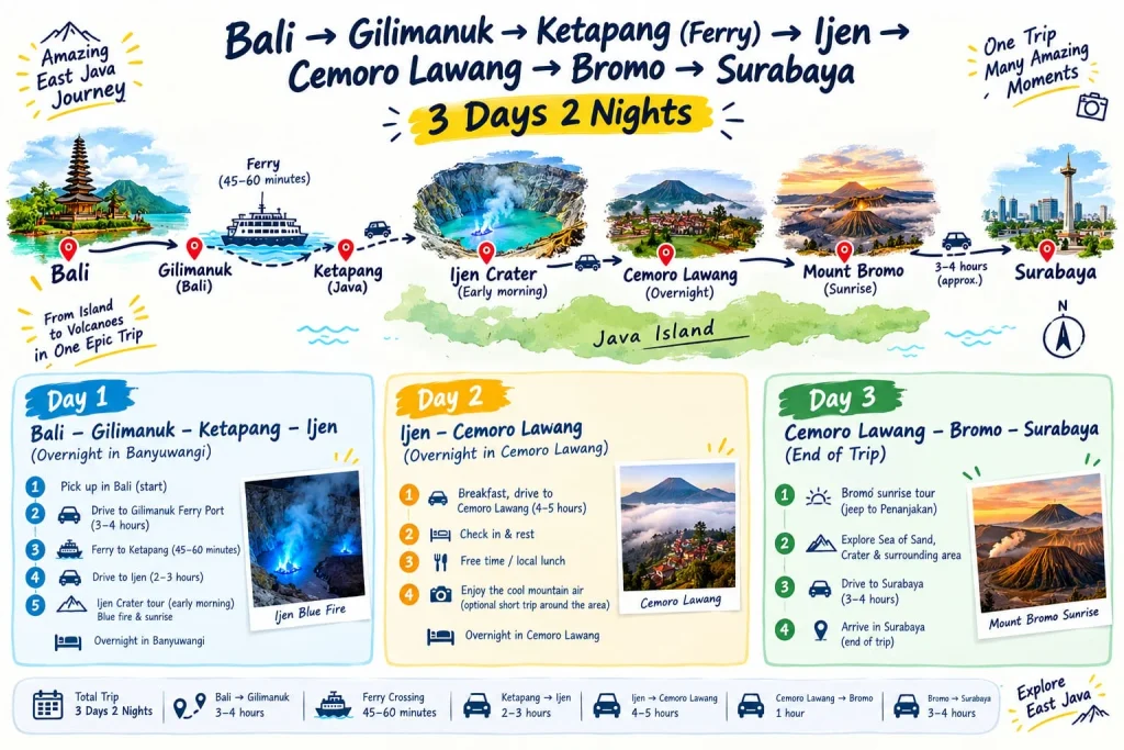 Travel Map Bromo Ijen Tour from Bali to Surabaya East Java