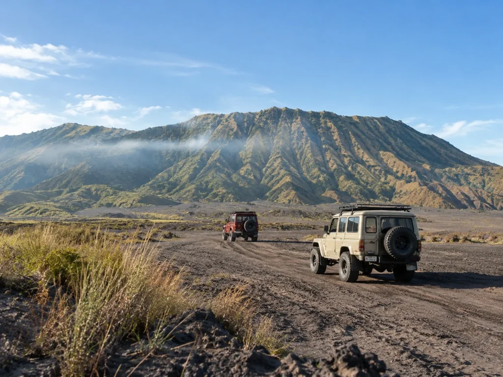 4WD Bromo Jeep on Sea of Sand with Mt Bromo Background