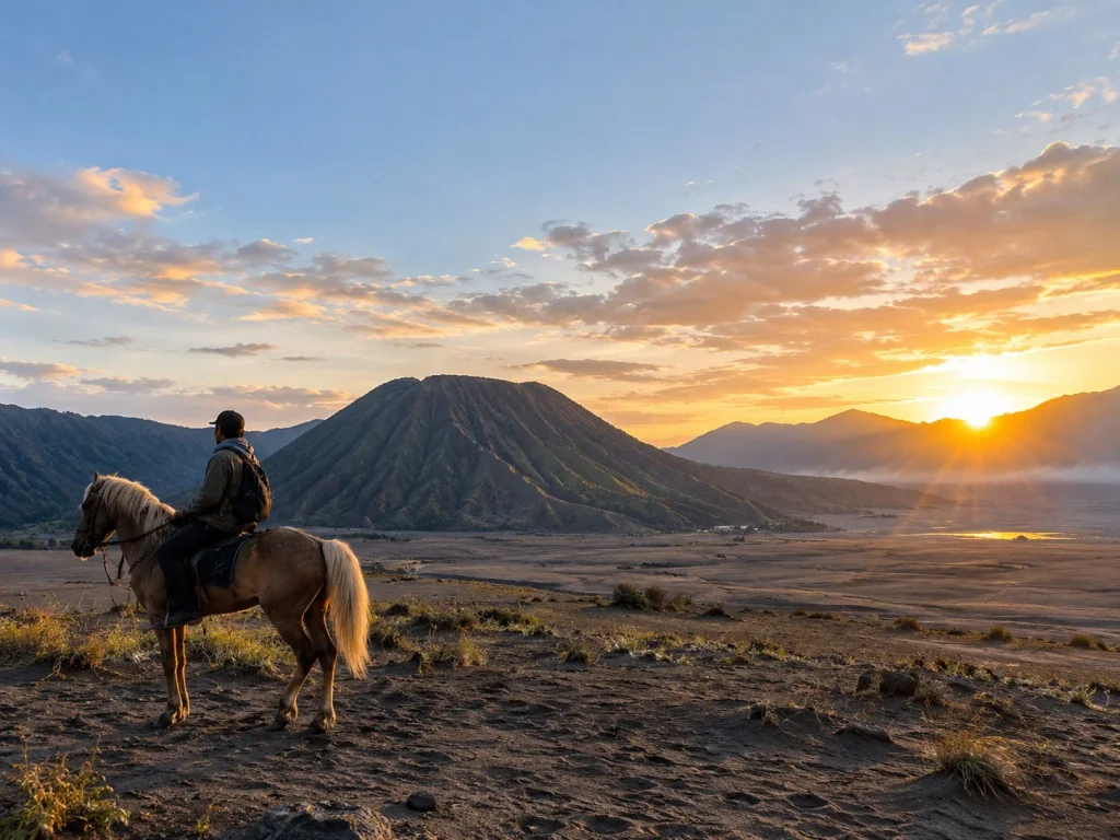 Tengger People with Horse on the Sea of Sand and Bromo Background