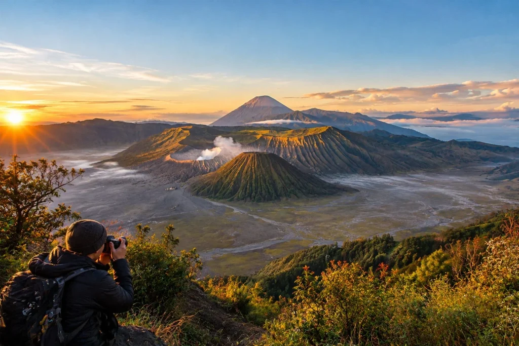 Mount Bromo sunrise view with Mount Semeru erupting in East Java, Indonesia