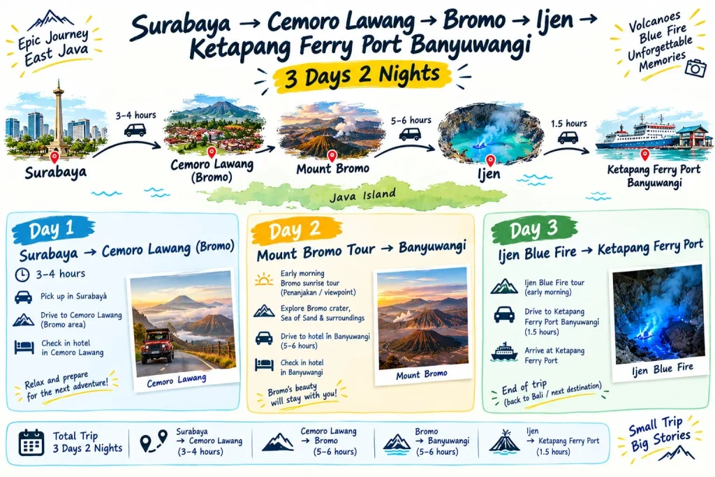Travel route Surabaya Bromo Ijen Banyuwangi 3 days 2 nights.