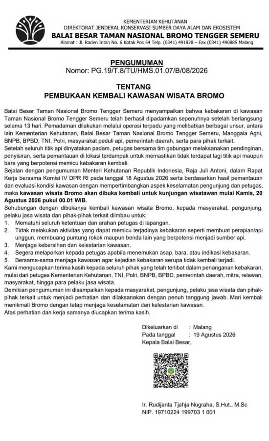 Bromo Reopens Aug 20 After Fire Official Notice - Reopening of the Bromo Tourism Area